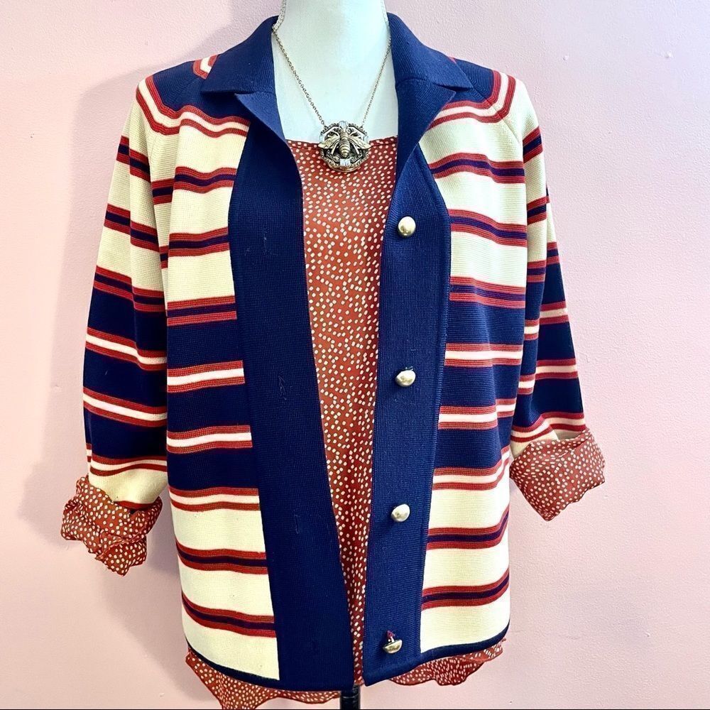 💥Host Pick x2!💥 Vintage Zephyr Wool Red, Cream, and Blue Cardigan Gold Buttons